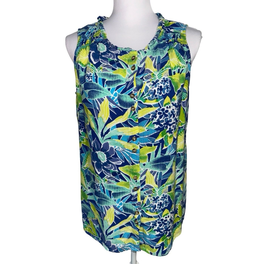 Fresh Womens Large Tropical Floral Tank Top Blue Green Rayon Sleeveless